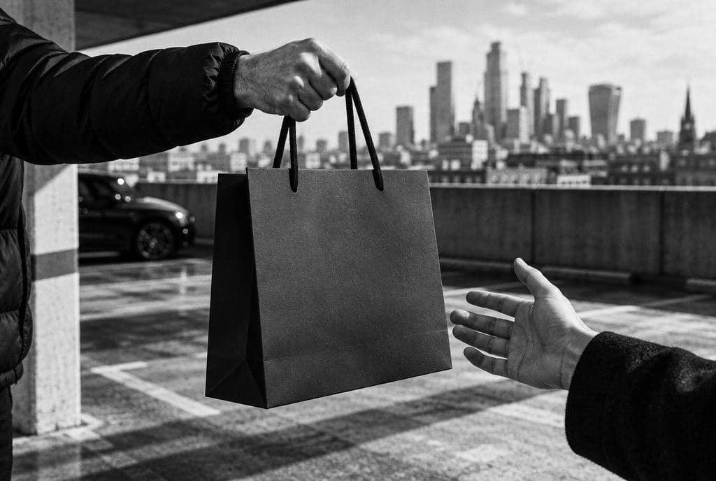 A shopping bag being handed over